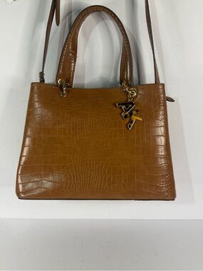 Anne Klein Croc Textured Triple Pocket Tan Leather Satchel Bag Double Handles
